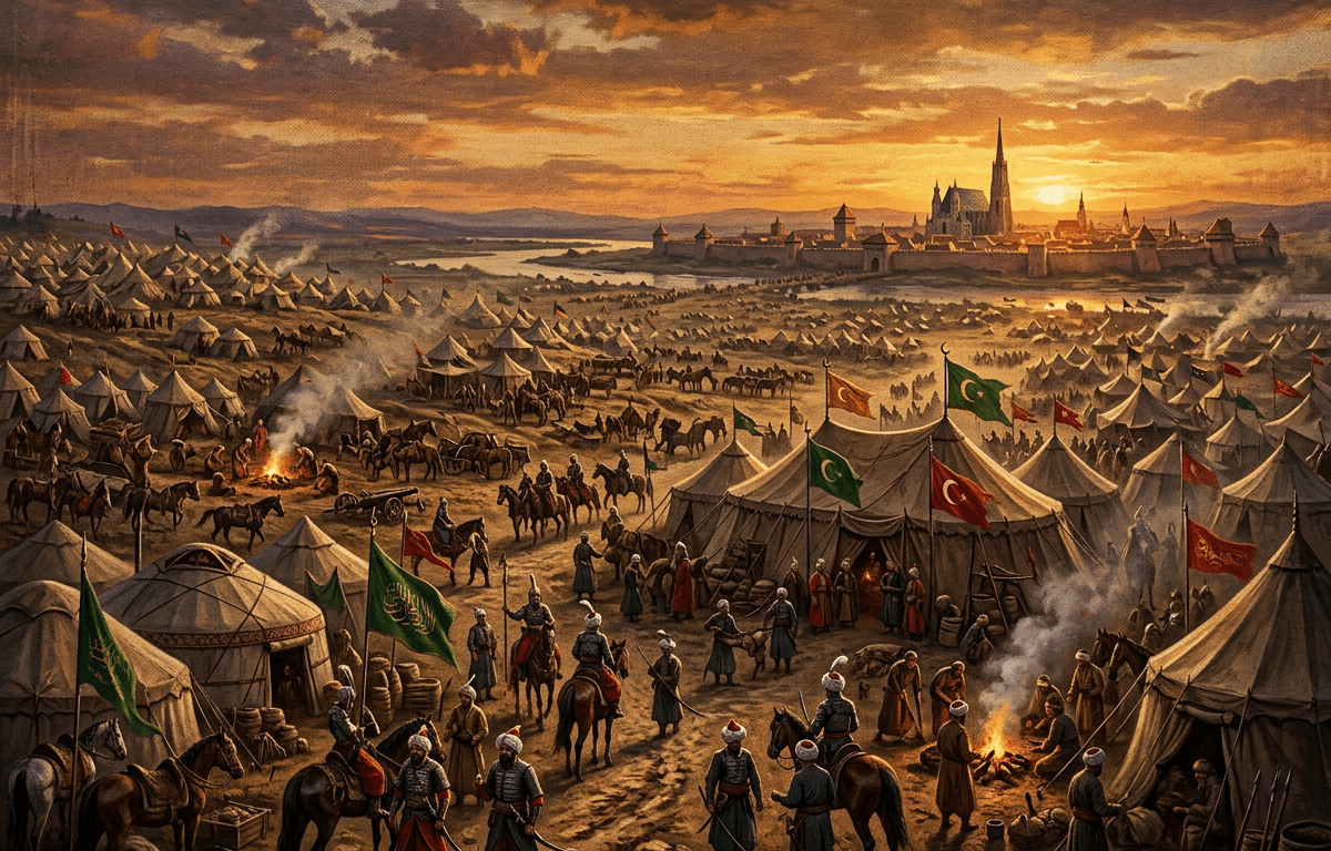 Ottoman soldiers and horses in a large campsite with numerous tents and flags at sunset