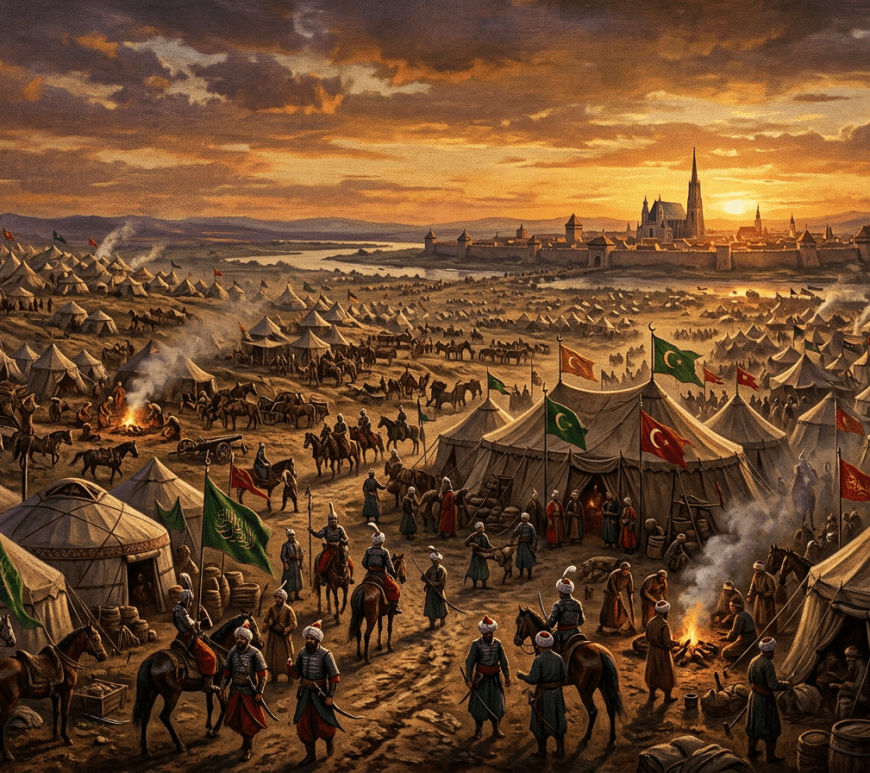 Ottoman soldiers and horses in a large campsite with numerous tents and flags at sunset