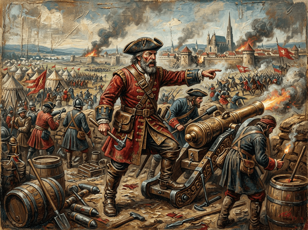 Commander directing cannon fire at a medieval city siege with soldiers and burning buildings