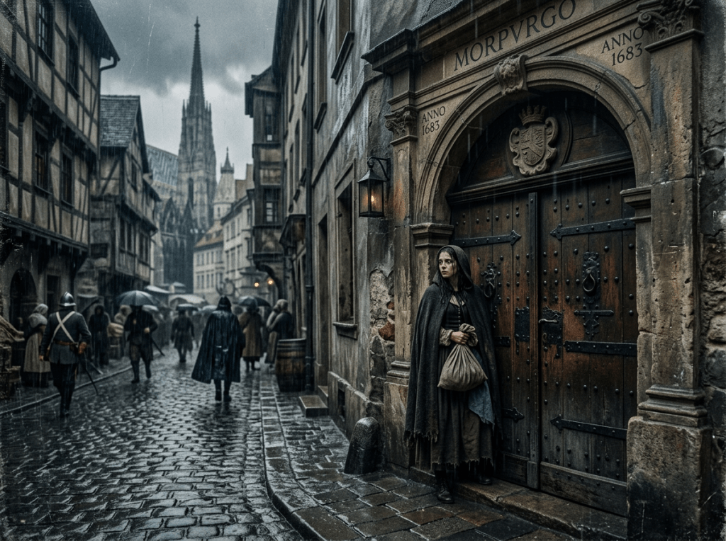 Rainy 1683 Vienna, Lia at Morpurgo door