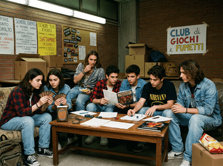 Teenagers playing tabletop role-playing and card games in a club room with posters and game materials