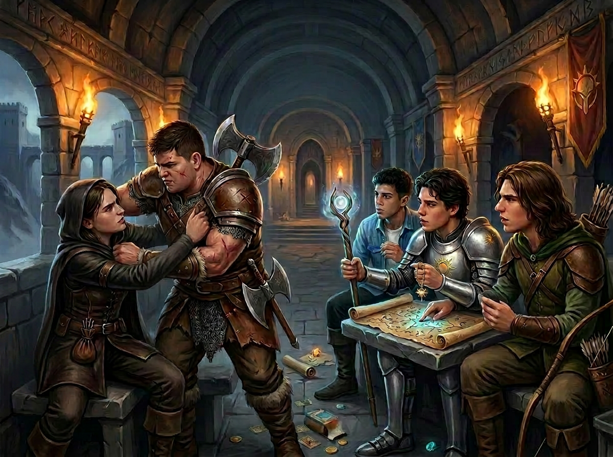 Youth gaming and comics club meeting Teenagers playing tabletop role-playing and card games in a club room with posters and game materials